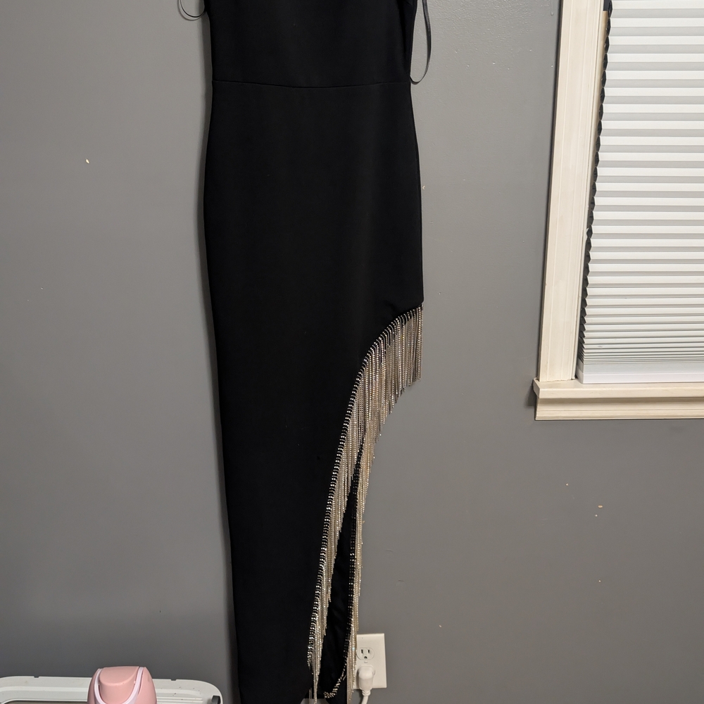 City Triangles Black Asymmetrical Dress with Fringe